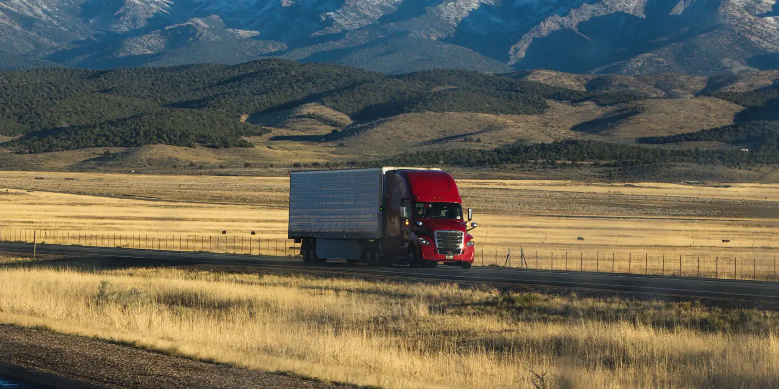 A red semi truck pulling a dry-van trailer along a highway with snowy mountains behind